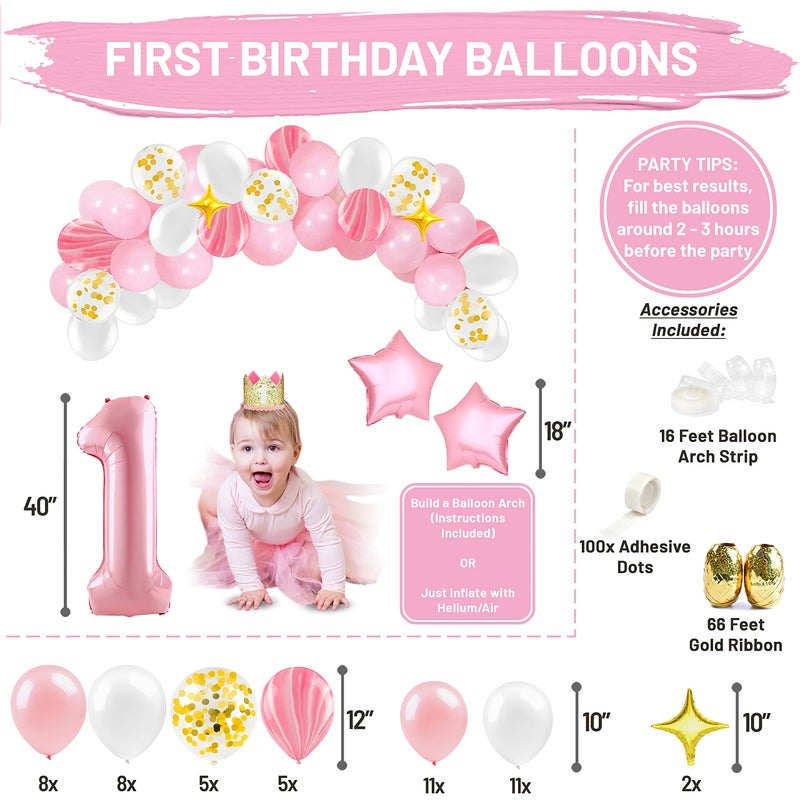 PartyHooman First Birthday Decorations for Girl | 1st Baby Girl Number 1 Balloon, Happy Birthday Banner, â€œOneâ€ Cake Topper, Star Garland, Marble Pink, Gold Confetti, Heart Balloons, Paper Tassels | PartyHooman - Image 5